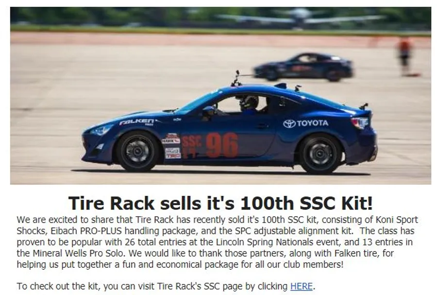 Celebrate TireRack's sale of the 100th SSC kit! Discover why SSC is the future of Solo and anticipate our Spring Nationals write-up.