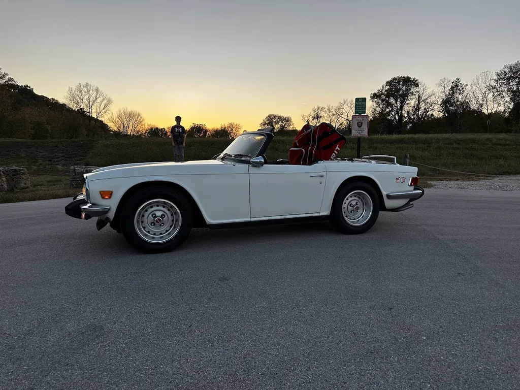 1975 Triumph TR6 at the LeCave Trailhead in Wildwood Missouri, loaded with hockey equipment