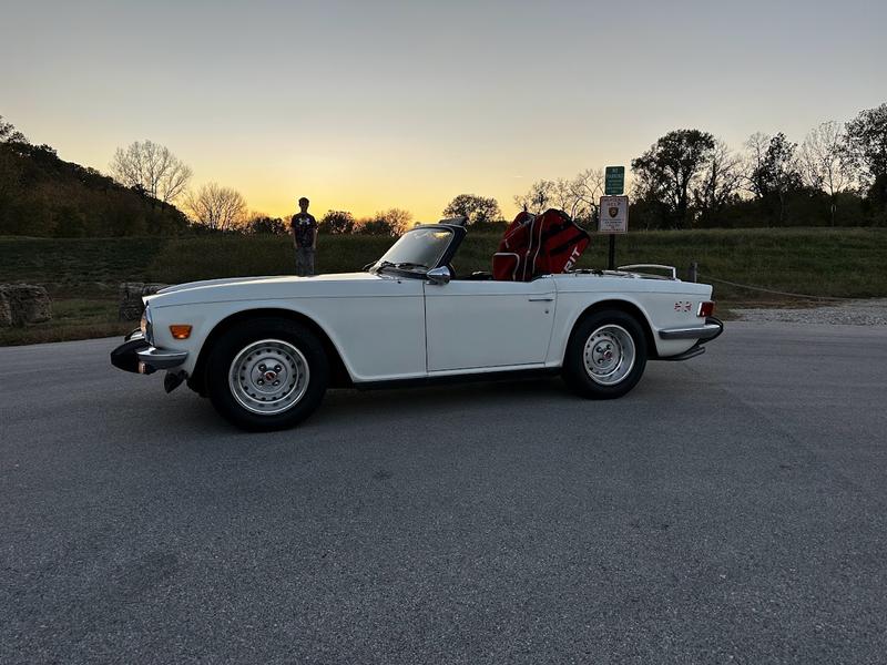 1975 Triumph TR6 at the LeCave Trailhead in Wildwood Missouri, loaded with hockey equipment